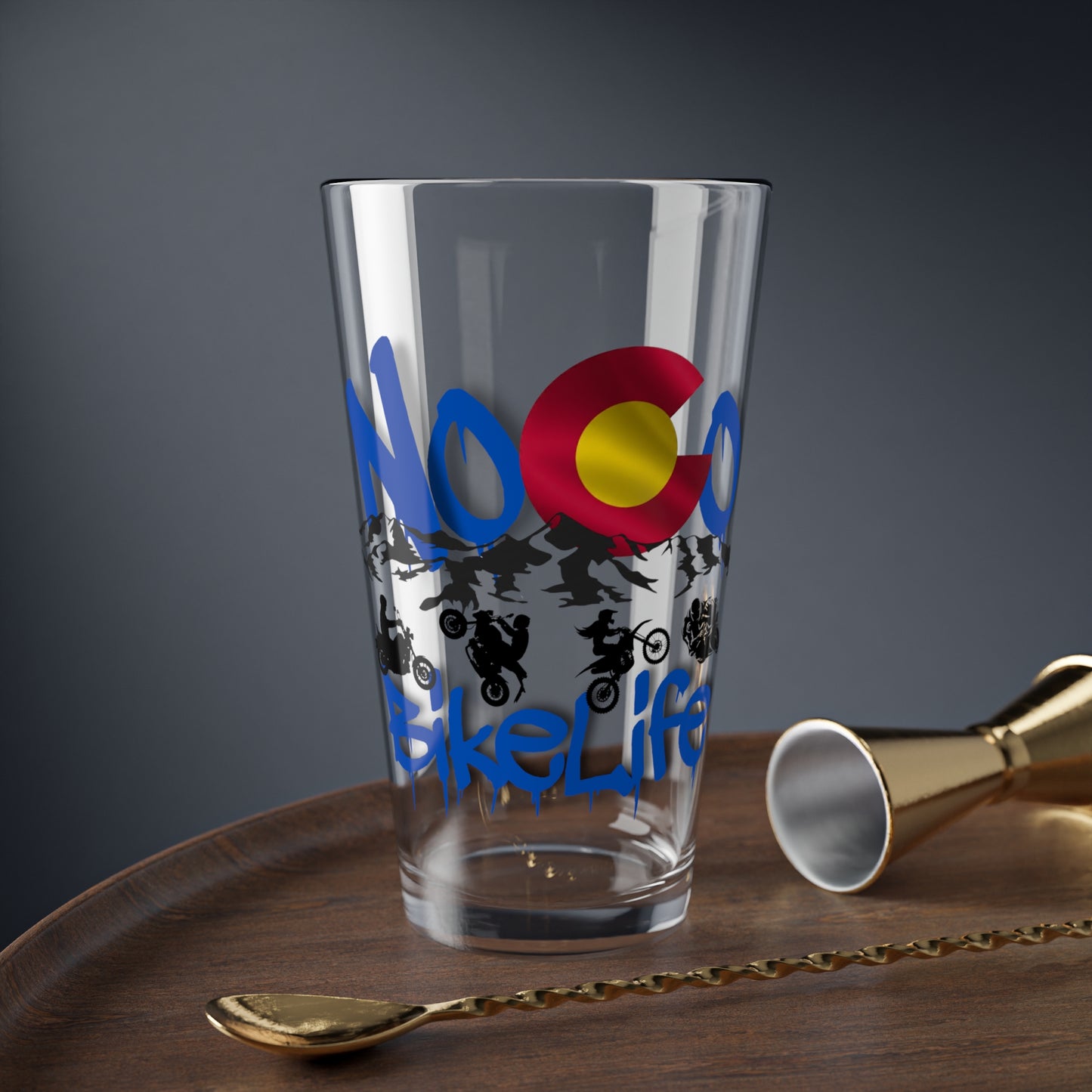 NoCo BikeLife 16oz Mixing Glass — Northern Colorado Bike Cocktail Glass