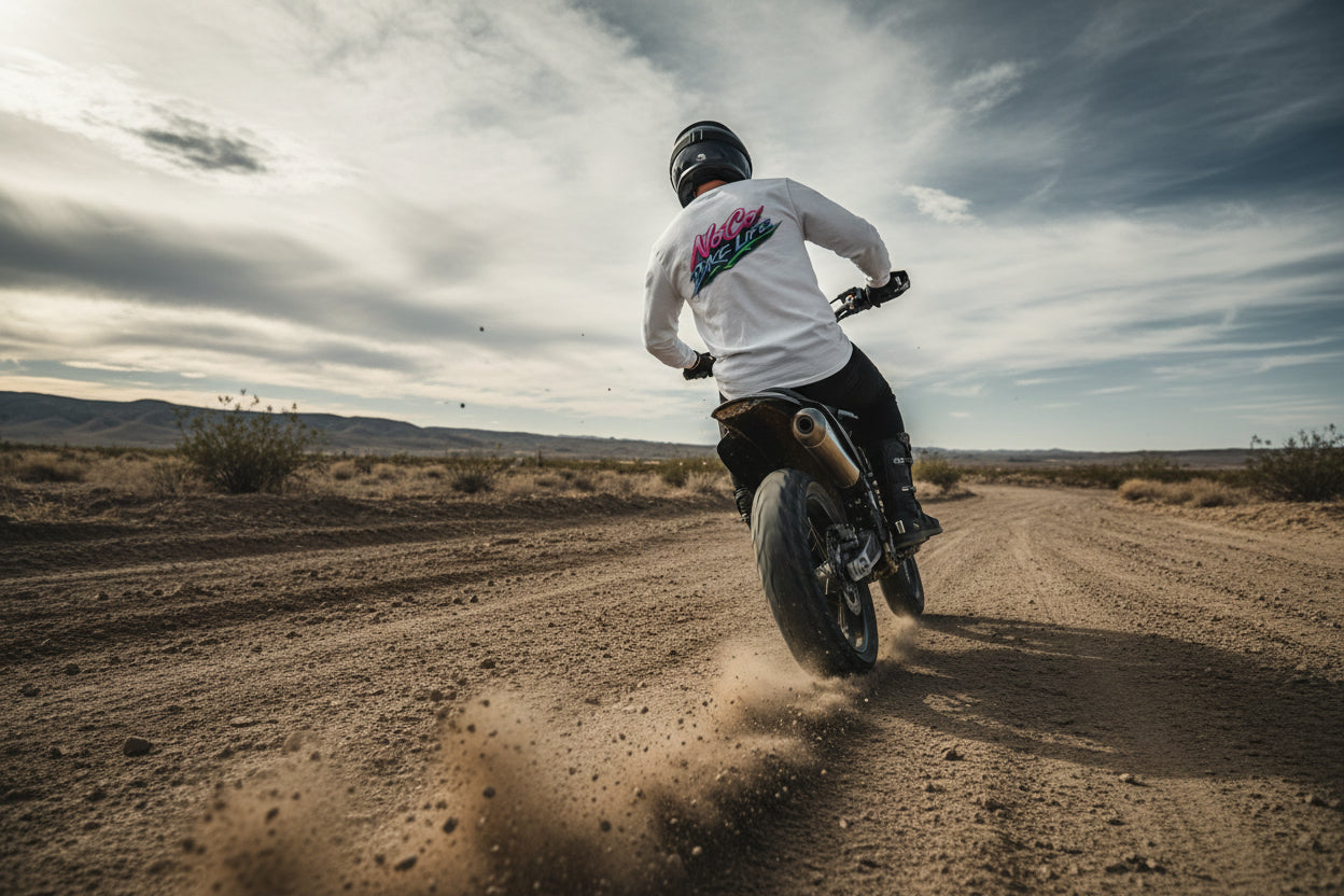 White sweatshirt with colorful 'NoCo BikeLife' logo on a white background