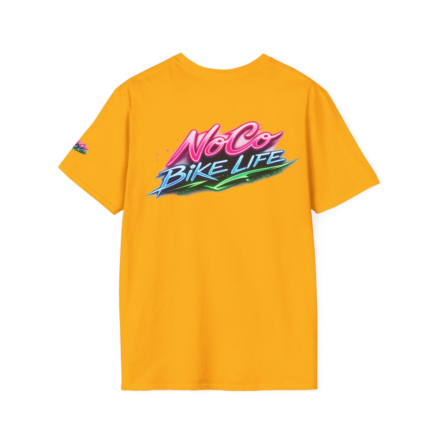 NoCo BikeLife Neon Retro Motorcycle T-Shirt — Chest, Back & Sleeve Print