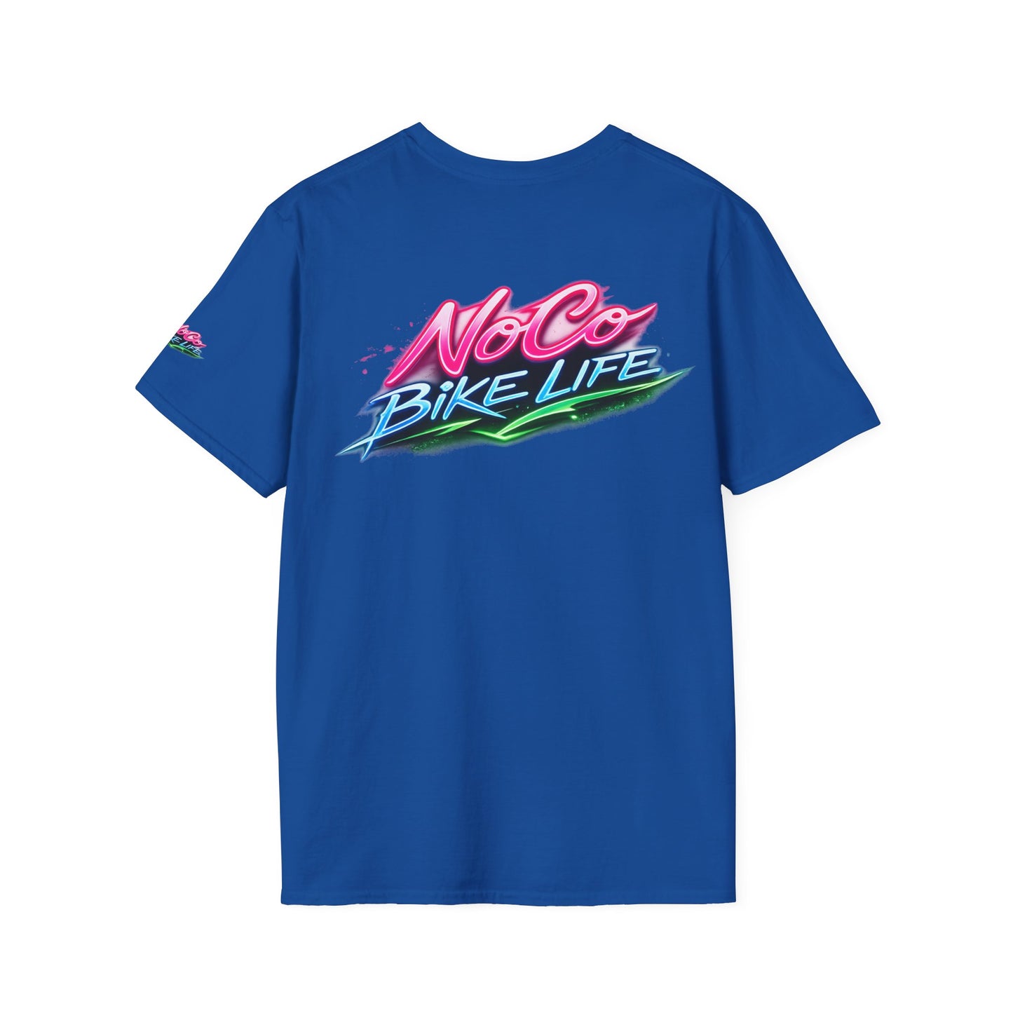 NoCo BikeLife Neon Retro Motorcycle T-Shirt — Chest, Back & Sleeve Print