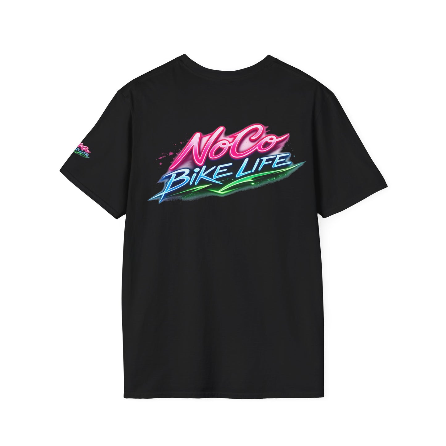 NoCo BikeLife Neon Retro Motorcycle T-Shirt — Chest, Back & Sleeve Print