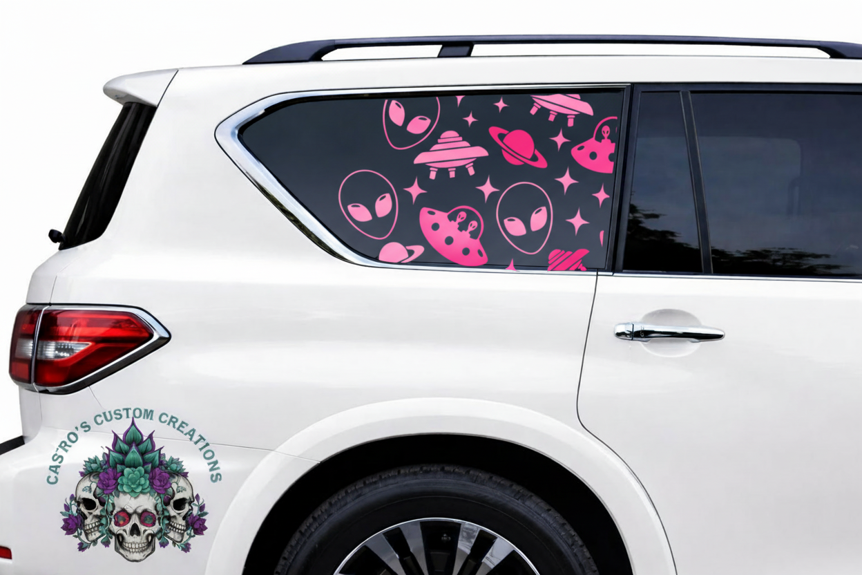 White car with alien and space-themed matt black vinyl