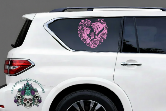 White car with pink Beauty and the Beast design decal on a gray background