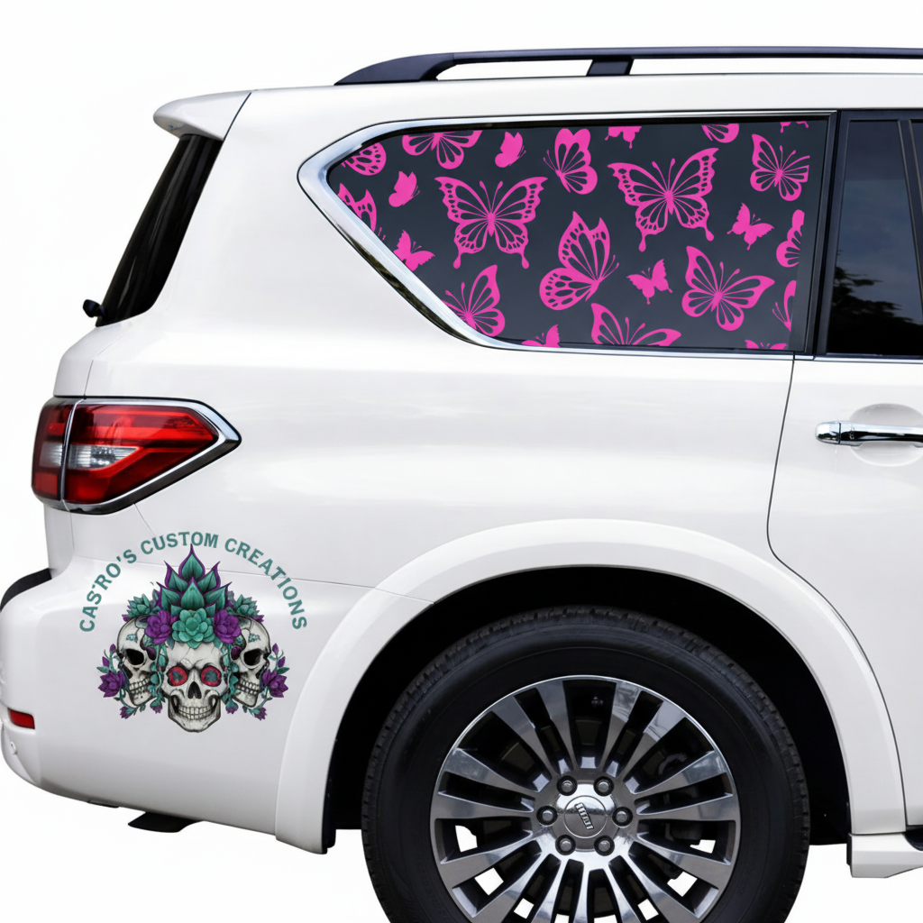 White car with a full coverage window decal featuring butterfly patterns.