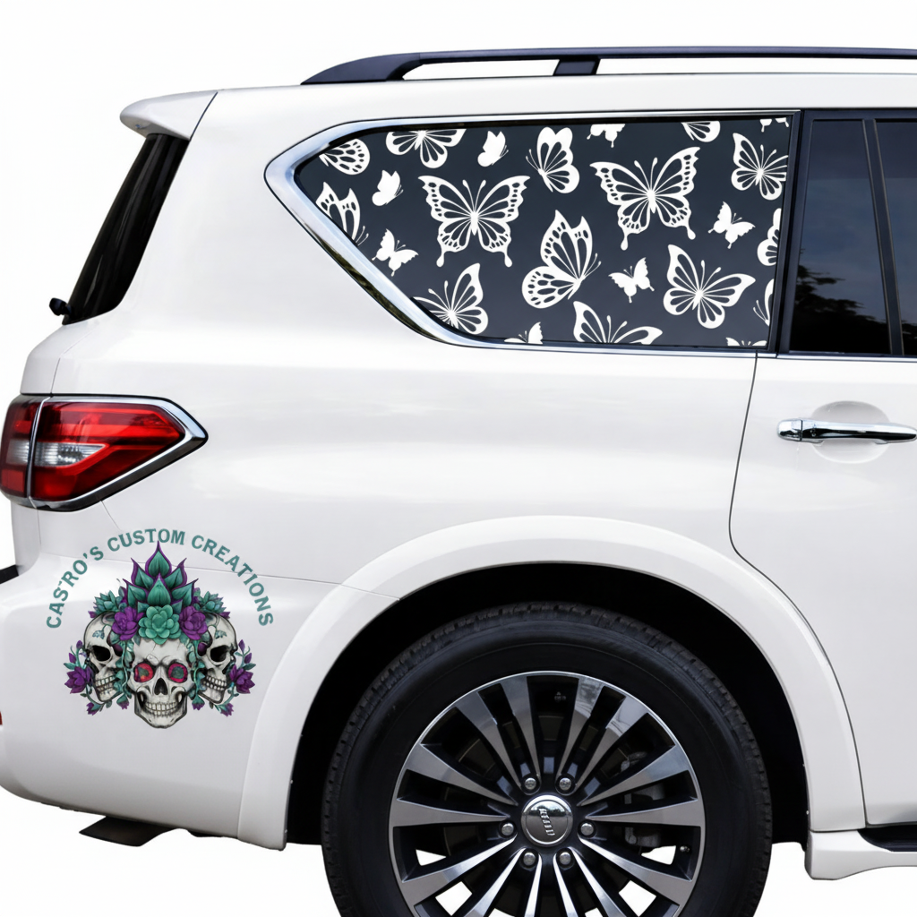 White car with a full coverage window decal featuring butterfly patterns.