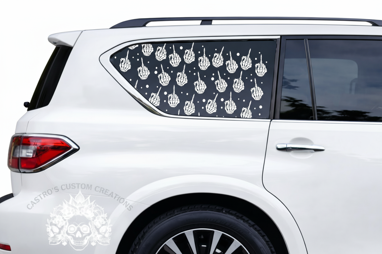 White SUV with white skeleton middle finger full coverage window decal on rear window