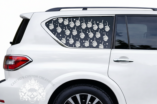 White SUV with white skeleton middle finger full coverage window decal on rear window