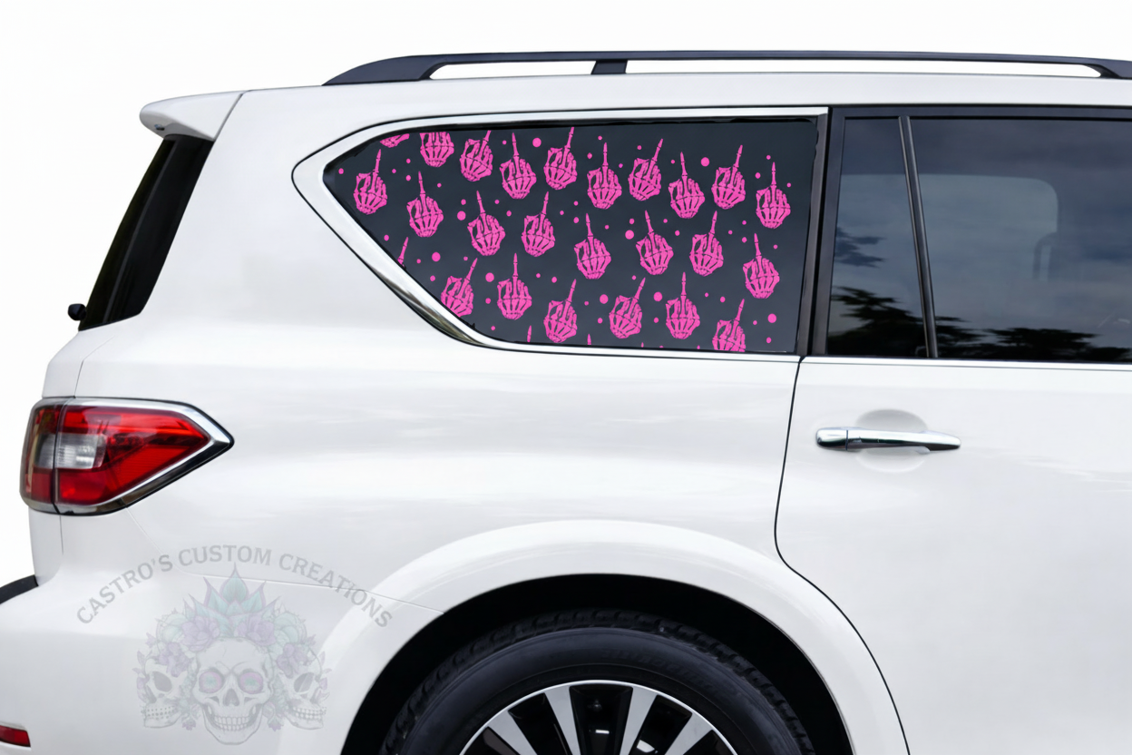 White SUV with pink skeleton middle finger full coverage window decal on rear window