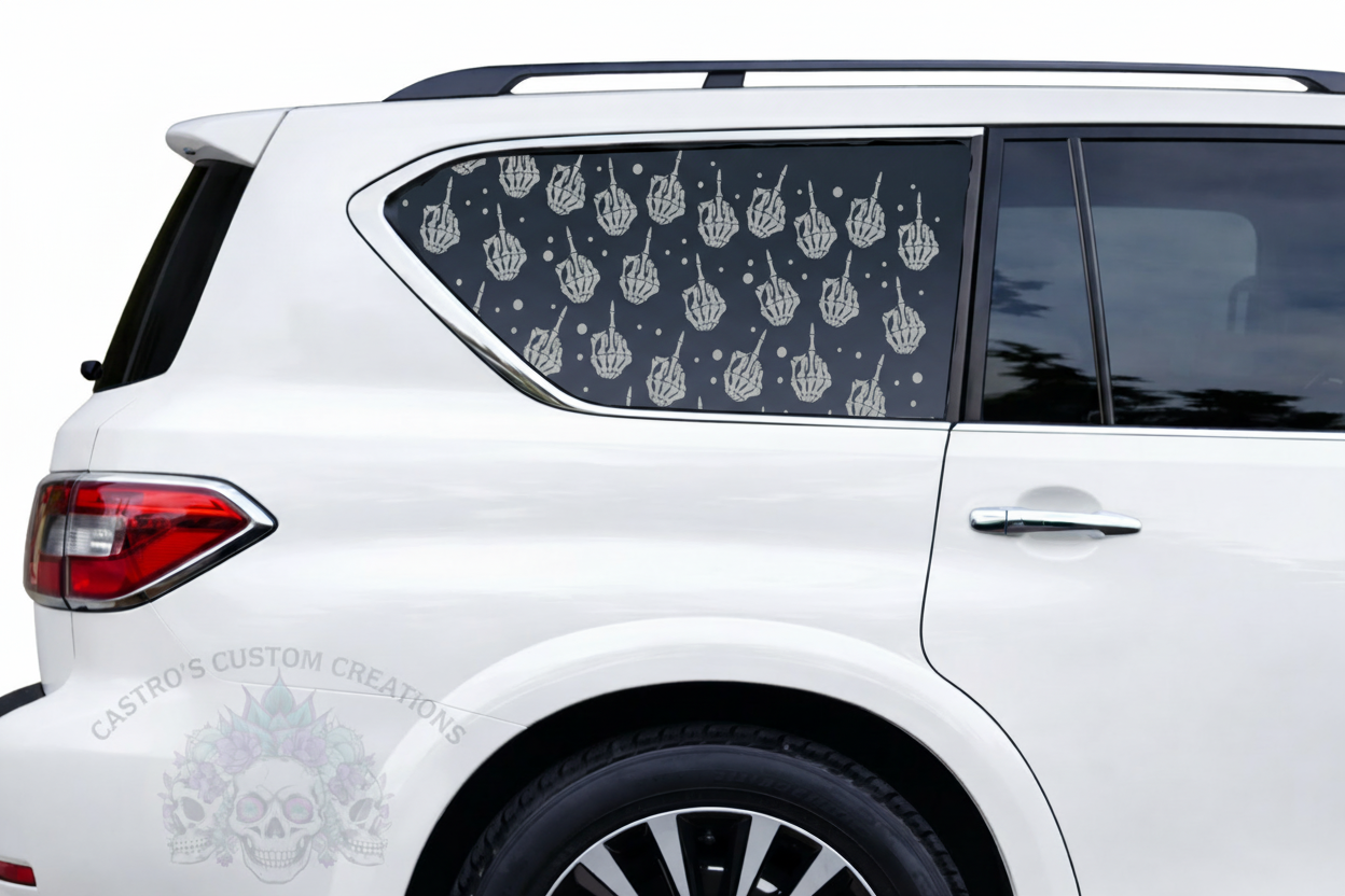 White SUV with grey skeleton middle finger full coverage window decal on rear window