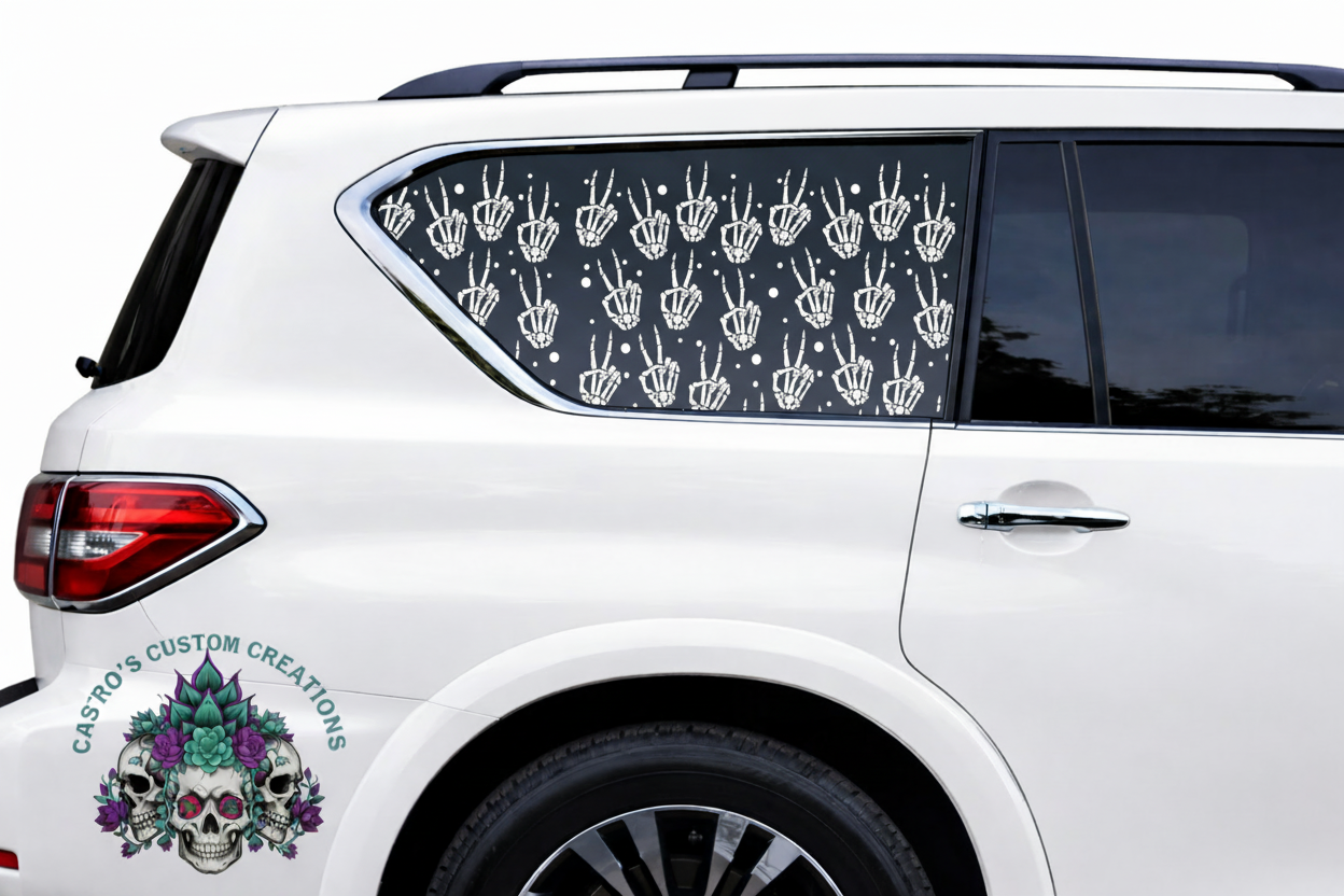 White car with a window decal featuring white Skeleton Peace patterns on a full coverage window decal
