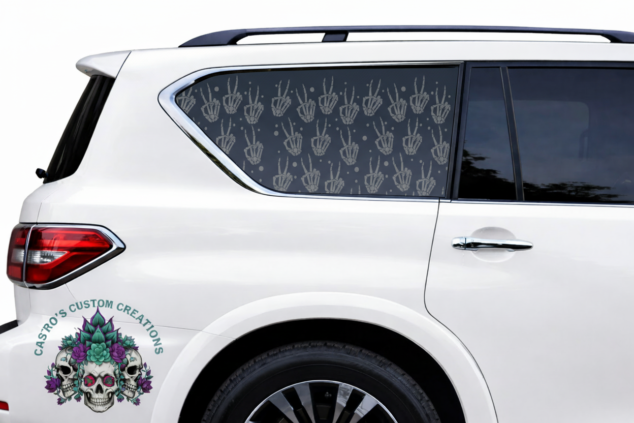 White car with a grey full coverage window decal featuring Skeleton Peace sign patterns.