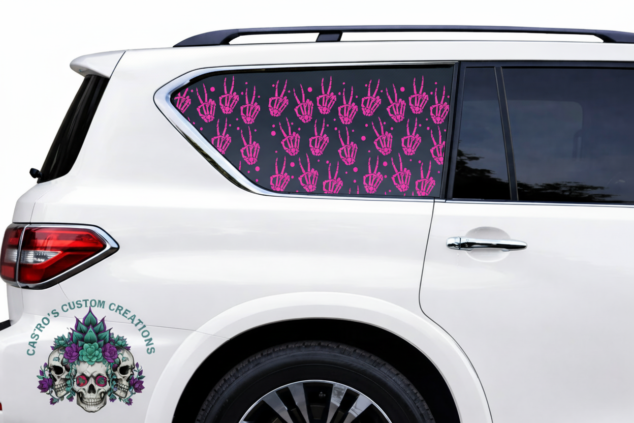 White car with a pink full coverage window decal featuring Skeleton Peace sign patterns.