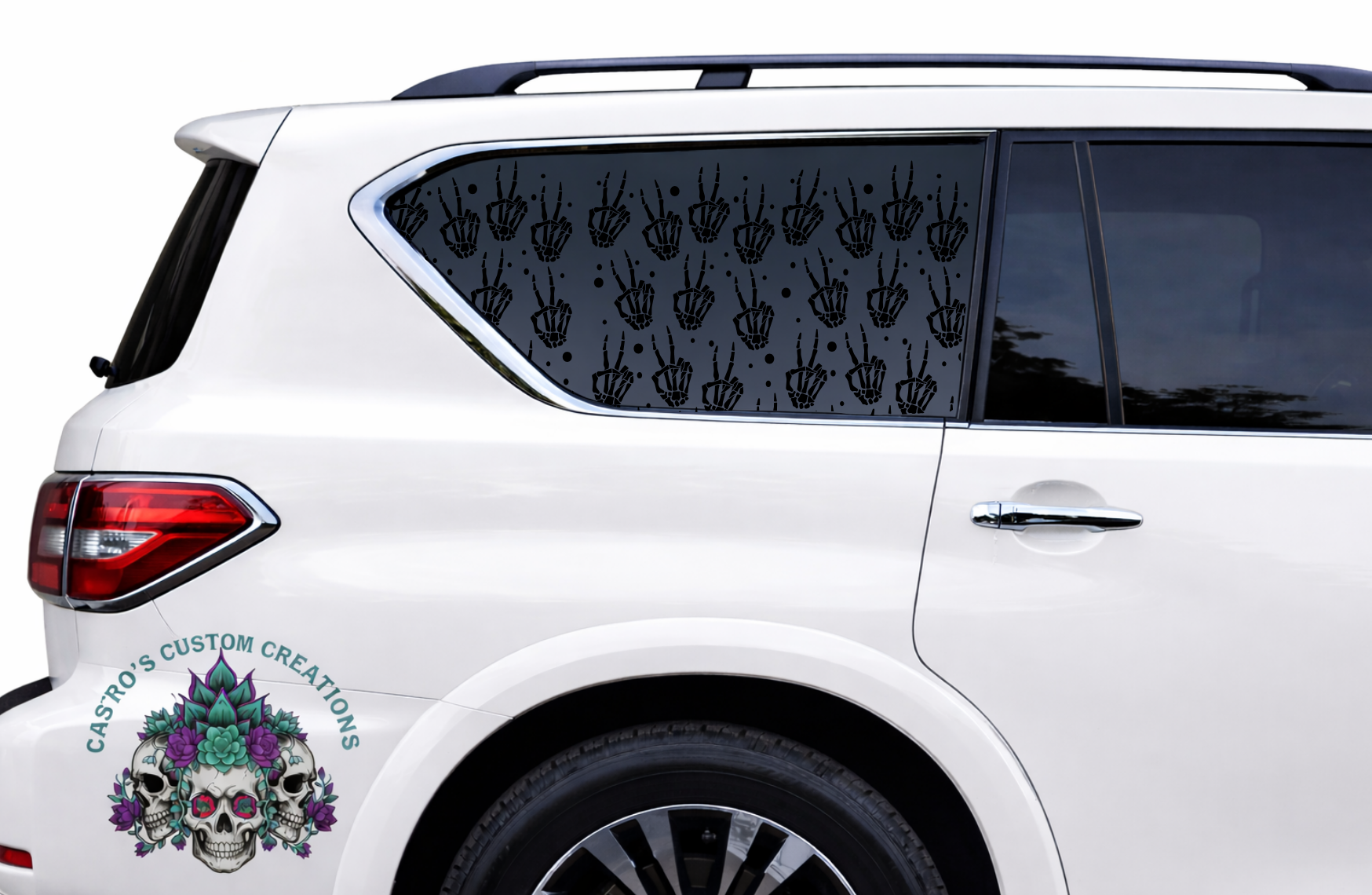White car with a matte black full coverage window decal featuring Skeleton Peace sign patterns.