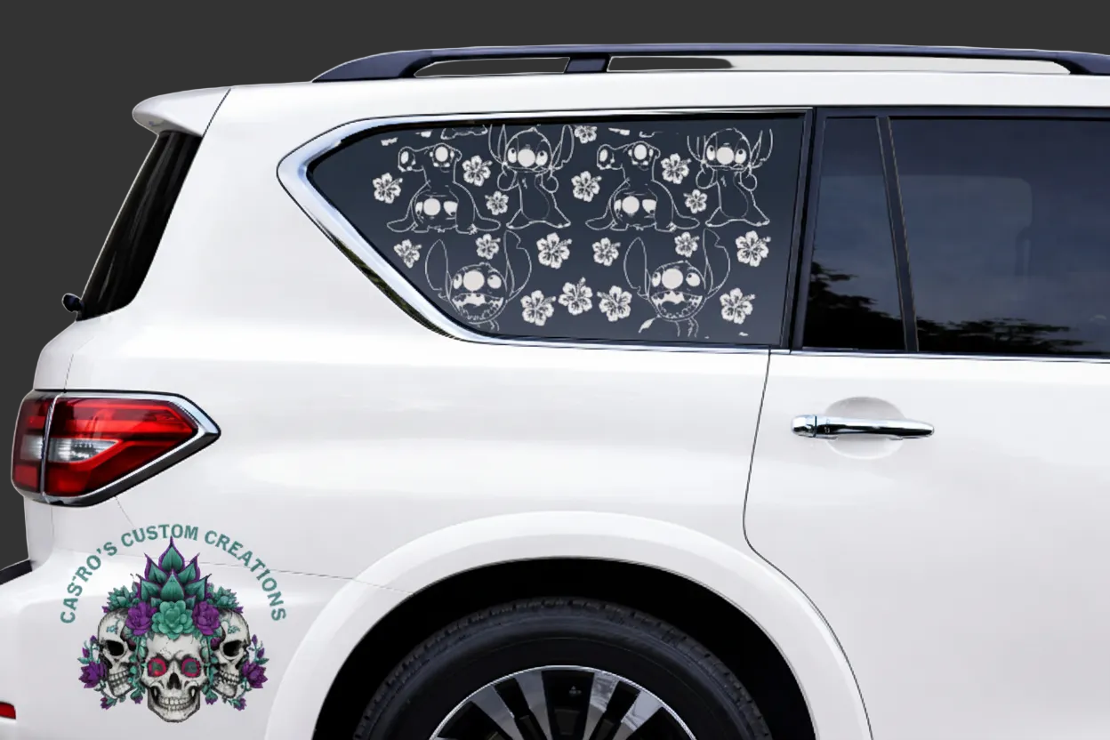 White car with skull and floral design on a window, featuring 'Casto's Custom Creations' logo.