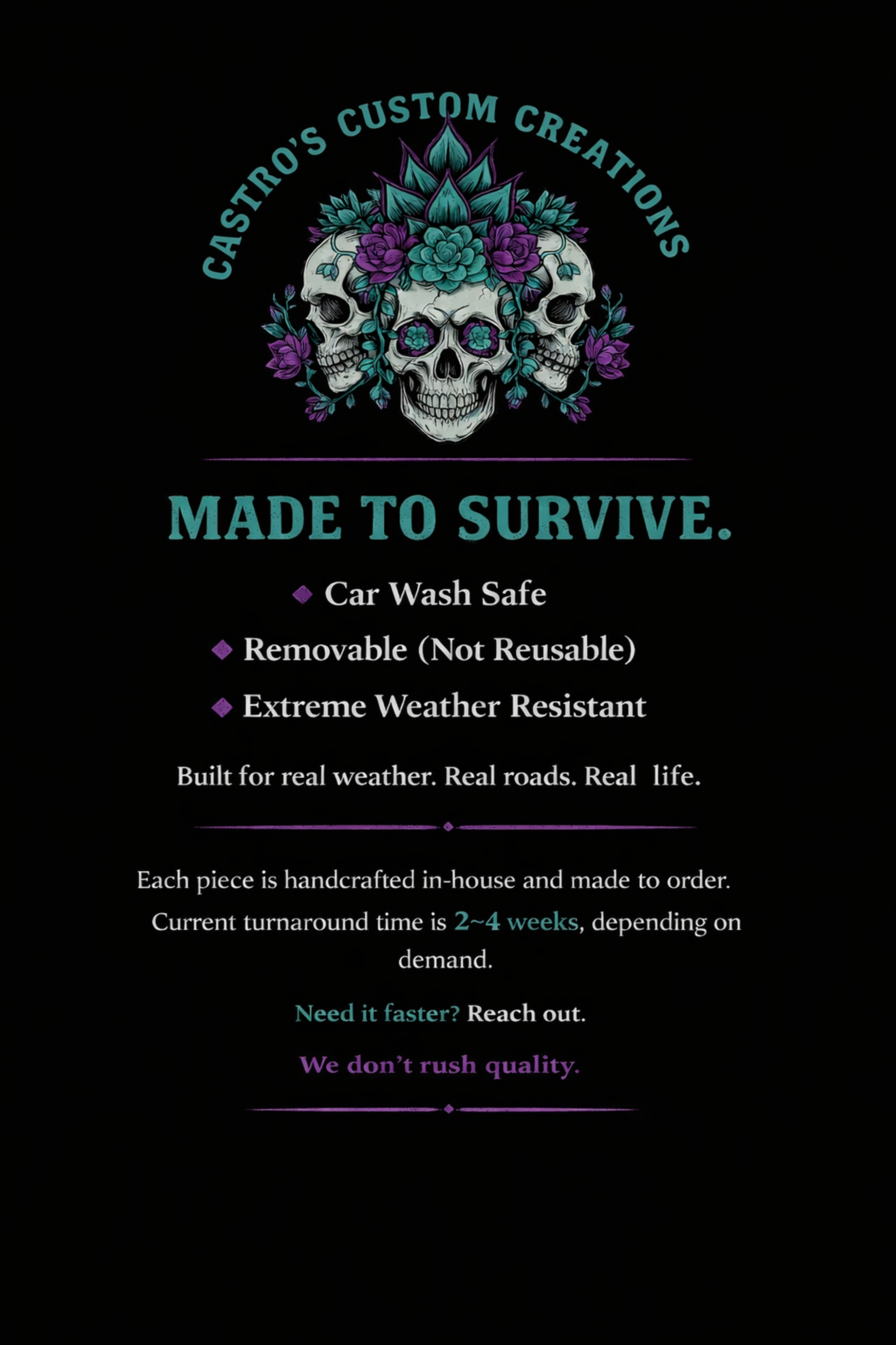 Product description card with skull design and text on a black background