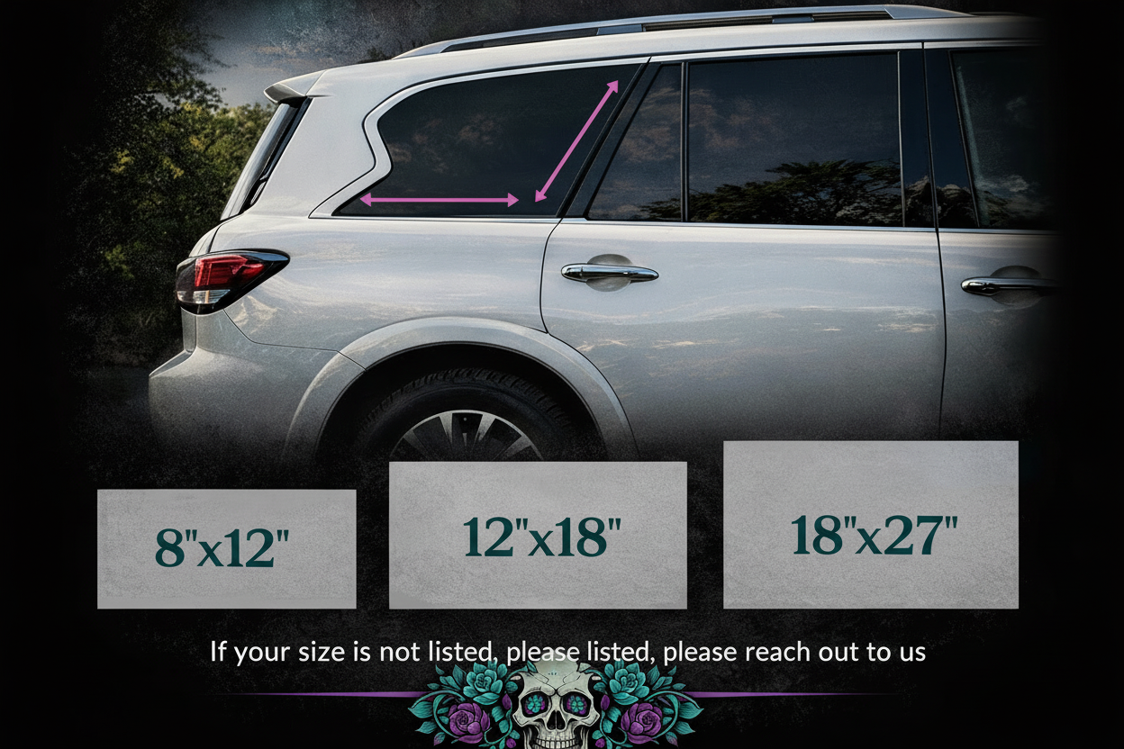 White SUV with size chart for decals on a dark background