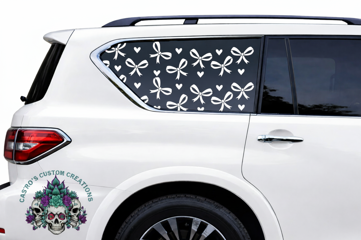 White car with white heart and bow full coverage window decal on a white background